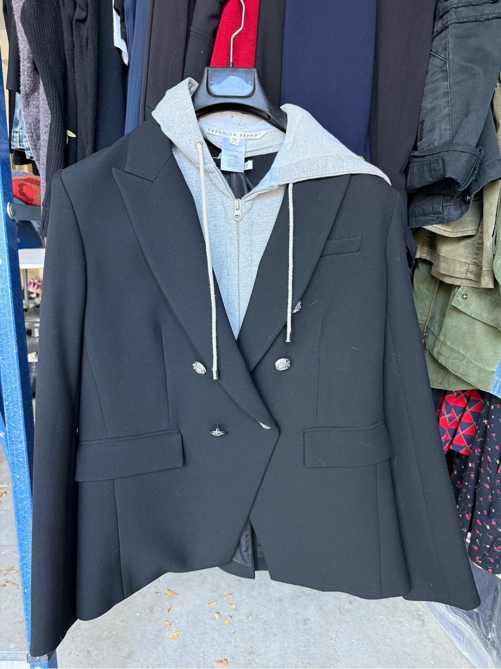 Veronica Beard Black Double-Breasted Blazer with Gray Hoodie Insert